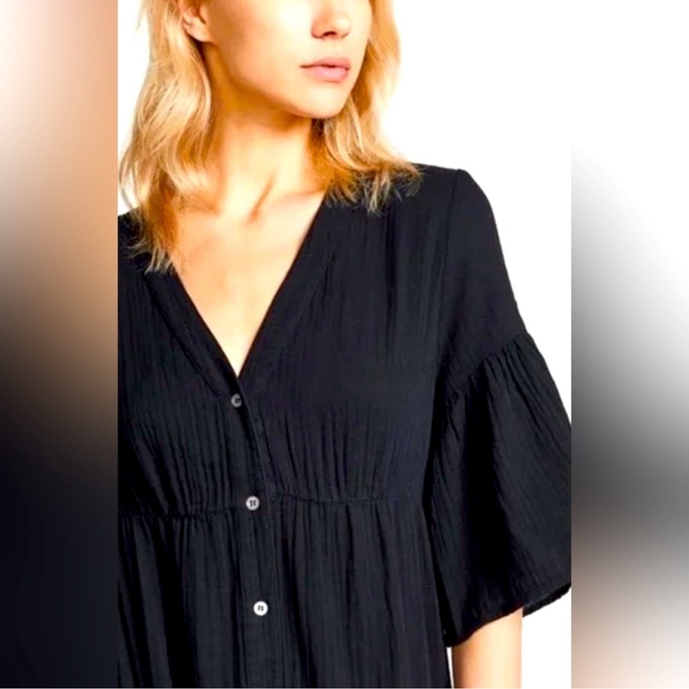Xirena Tired Kendall Black Crinkle Gauze Midi Dress Size Small Button Front - Picture 5 of 10